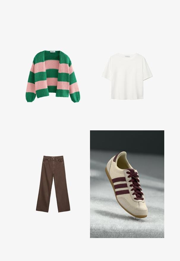 Zeleno-růžový pruhovaný pletený cardigan s volným střihem, otevřeným předním dílem a dlouhými rukávy. Textura je silná a prodyšná.; Bílý krátký rukáv tričko vyrobené z bavlny. Má kulatý výstřih a volný střih. Hladký materiál bez viditelných vzorů nebo akcentů.; Hnědé džíny s širokými nohavicemi vyrobené z denimu, s vysokým pasem, předními kapsami a klasickým zapínáním na knoflík. Hladká textura s jemným švem.; Bílé tenisky s vínovými akcenty, se strukturovaným svrškem, třemi pruhy na boku a gumovou podrážkou. Design na šněrování.