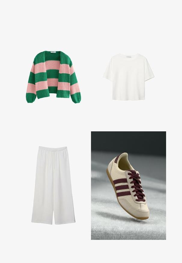 Grüne und rosa gestreifte Strickjacke mit lockerem Schnitt, offenem Frontdesign und langen Ärmeln. Die Textur ist grob und atmungsaktiv.; Weißes T-Shirt mit kurzen Ärmeln aus Baumwolle. Hat einen Rundhalsausschnitt und eine lockere Passform. Glatte Textur ohne sichtbare Muster oder Akzente.; Weiße, weit geschnittene Hosen aus leichtem Stoff, mit einem elastischen Bund und einem Zugband für eine verstellbare Passform. Glatte Textur.; Weiße Sneaker mit kastanienbraunen Akzenten, ausgestattet mit einem strukturierten Obermaterial, drei Streifen an der Seite und einer Sohle aus Gummi. Schnürdesign.