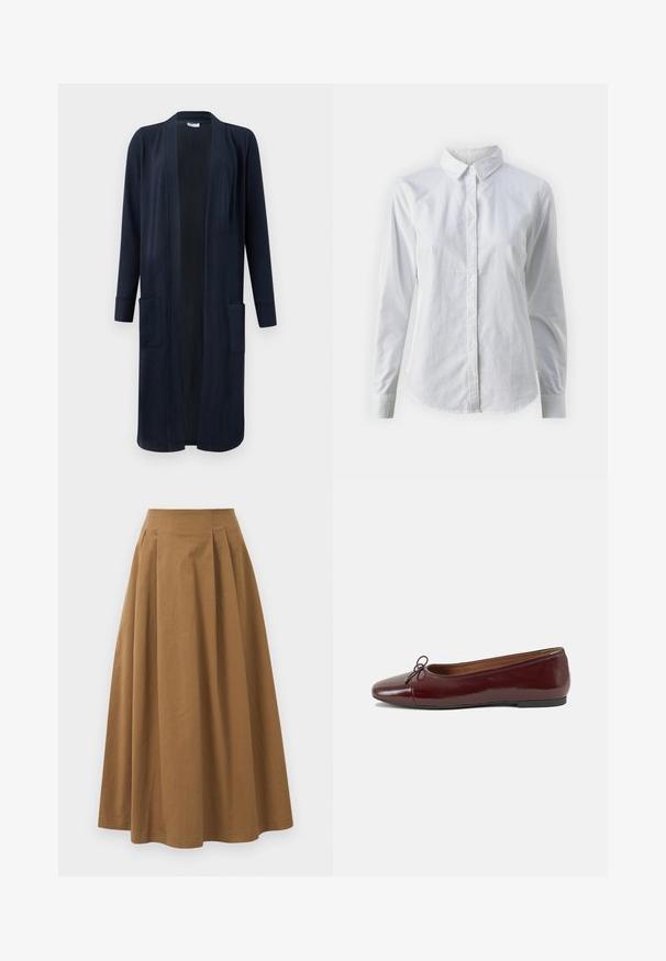 Cardigã longo azul-marinho com frente aberta, mangas longas e dois bolsos frontais. Feito em tecido suave com uma textura lisa.; Camisa branca de botão feita de algodão suave, com colarinho clássico, mangas longas e bainha curva. Os botões são pequenos e brancos.; Saia A-line de algodão castanho com cintura alta, apresentando pregas na parte da frente e uma textura suave. As bordas da bainha são limpas e simples.; Bailarinas em couro sintético borgonha com bico redondo, pequeno laço na frente e sola baixa em borracha preta. Textura suave.