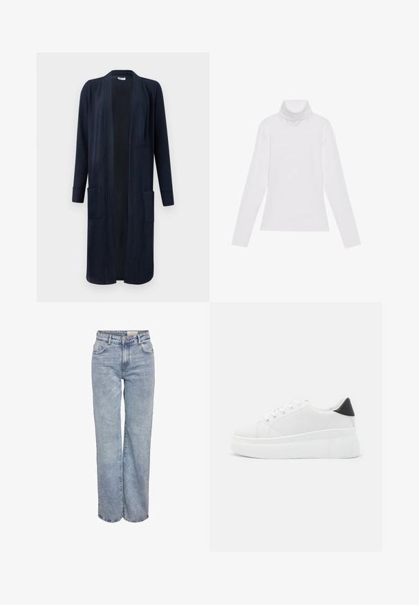 Cardigã longo azul-marinho com frente aberta, mangas longas e dois bolsos frontais. Feito em tecido suave com uma textura lisa.; Camisola de gola alta de mangas longas, feita de um tecido liso e elástico. Apresenta um colarinho alto e um design ajustado, sem padrões ou adornos visíveis.; Jeans de perna larga em azul-claro, feitos de denim, com cintura alta, design de cinco bolsos e um desvanecimento sutil para um aspeto usado.; Tênis plataforma brancos feitos de material sintético suave, apresentando ponta arredondada, design com cadarços e sola de borracha texturizada. Acento preto no calcanhar.