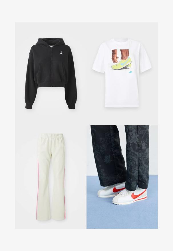 Svart cropped zip-up hettegenser laget av mykt stoff, med kengurulomme og en hvit logoakseent på venstre bryst.; Hvit bomull t-skjorte med et grafisk motiv av føtter i gule Nike fotballsko med blå detaljer, kombinert med et armbånd på venstre håndledd.; Lys beige bukser med elastisk linning, med rosa sidepaneler og sidelommer. Glatt tekstur med rett ben-design.; Hvit Nike-sneakers med røde detaljer, kombinert med svarte bukser med blomstermønster. Teksturen er glatt med en flat flette-såle.