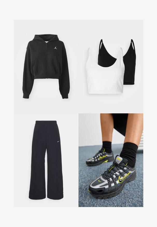 Juodas trumpas užtrauktukas džemperis, pagamintas iš minkštos medžiagos, su kengūros kišene ir baltu logotipo akcentu kairėje krūtinės pusėje.; Du dujų medvilnės marškinėliai balti ir juodi. Kiekvienas turi giliai iškirptą iškirptę ir plonas petnešas, pasižyminčius lygiu, švelniu tekstūru.; Juodos plačios kojos kelnės su elastinga liemene ir mažuoju baltu Nike logotipu. Audinys turi lygią tekstūrą, sukurtas patogumui ir kasdieniam nešiojimui.; Juodos ir pilkos sportinės bateliai su atspindinčiais sidabriniais akcentais, tekstūruotais akių paneliais ir ryškiai geltonais detalėmis. Daili suvarstymo konstrukcija su tvirtu padu.