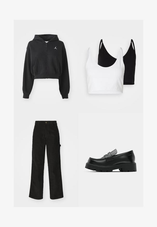 Zwarte cropped zip-up hoodie van zacht materiaal, uitgerust met een kangoeroe-pocket en een witte logoprint op de linkerkant van de borst.; Twee katoenen crop tops in wit en zwart. Elke top heeft een diepe halslijn en dunne schouderbandjes, met een gladde, zachte textuur.; Zwarte corduroy broek met een recht-pijpen ontwerp, voorzien van een knoopsluiting en zijzak. Gladde textuur met fijne verticale strepen.; Zwarte leren instappers met een chunky, gestructureerde zool, voorzien van een band over de voet en een gladde, gepolijste afwerking.