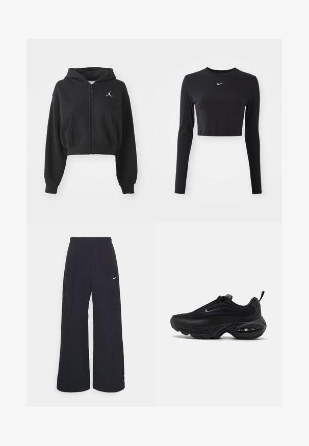 Schwarze, verkürzte Zip-Hoodie aus weichem Stoff, mit Kängurutasche und einem weißen Logo-Akzent auf der linken Brust.; Schwarzes, langärmliges cropped Top aus glattem Stoff, mit Rundhalsausschnitt und einem weißen Nike-Logo auf der Brust.; Schwarze weit geschnittene Hosen mit einem elastischen Bund und einem kleinen weißen Nike-Logo. Der Stoff hat eine glatte Textur und ist für Komfort und lässiges Tragen konzipiert.; Schwarzer Sportschuh mit einem glatten, strukturierten Obermaterial. Verfügt über eine runde Zehenpartie, einen gepolsterten Kragen und sichtbare Luftpolsterung in der Sohle.