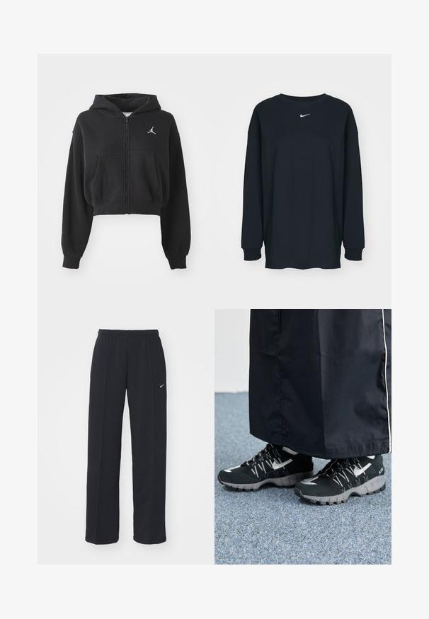 Black cropped zip-up hoodie made of soft fabric, featuring a kangaroo pocket and a white logo accent on the left chest.; Black long-sleeve T-shirt made of cotton with a crew neckline. Features a white Nike logo on the chest. Soft texture, simple design.; Black Nike jogger pants with an elastic waistband and side pockets, featuring a small white logo on the left leg and a straight fit design.; Black athletic shoes with a textured upper, silver accents, and a patterned outsole, paired with a black long garment. Set against blue carpet.