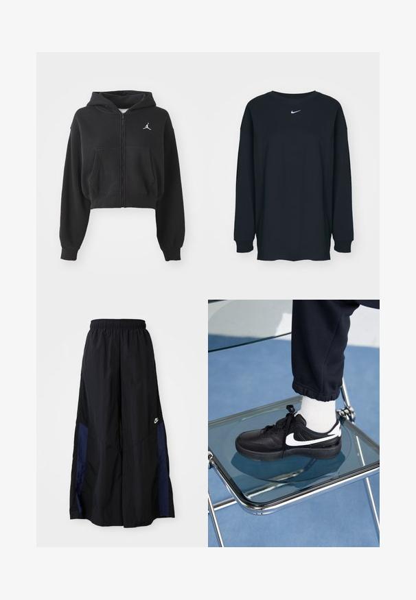 Sudadera recortada negra con cremallera, hecha de una tela suave, presenta un bolsillo canguro y un acento de logo blanco en el lado izquierdo del pecho.; Camiseta negra de manga larga hecha de algodón con cuello redondo. Presenta un logo blanco de Nike en el pecho. Textura suave, diseño sencillo.; Pantalones de pierna ancha negros, confeccionados en una tela ligera, con un panel lateral azul marino y una cinturilla elástica. Logotipo blanco pequeño en la parte inferior.; Zapatillas Nike negras con acentos blancos, con una textura de cuero suave, diseño de cordones y punta redondeada, colocadas sobre una silla de cristal.