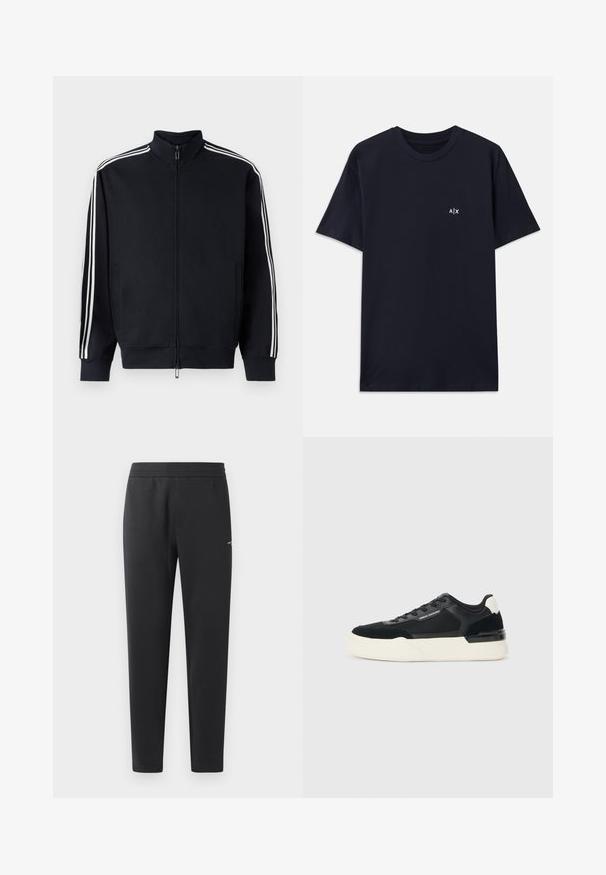 Schwarze Zip-Jacke aus strukturiertem Stoff mit weißen Seitenstreifen, hohem Kragen und gerippten Bündchen an den Ärmeln und am Saum.; Marineblaue Baumwoll-T-Shirt mit kurzen Ärmeln und Rundhalsausschnitt. Mit einem kleinen weißen "A|X"-Logo auf der linken Brustseite.; Schwarze Jogginghosen aus weichem Stoff, mit einem elastischen Bund, geraden Beinen und einem kleinen Logodetail an der Seite.; Schwarze Sneaker aus Mesh und Leder, mit einer dicken weißen Sohle und kontrastierenden Akzenten. Schnürsenkel und Logo-Details an der Seite.