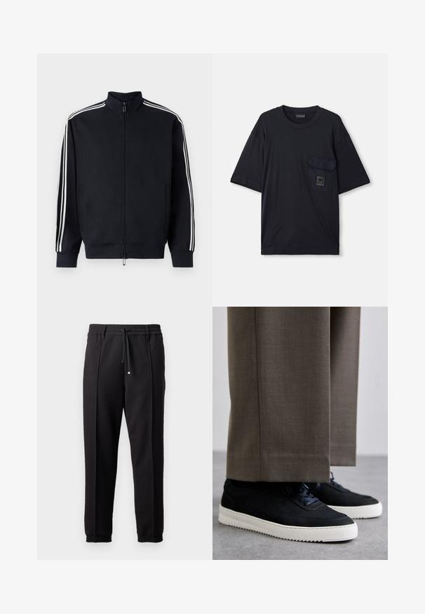 Giacca nera con zip realizzata in tessuto testurizzato, con strisce laterali bianche, un colletto alto e polsini a coste sulle maniche e sull'orlo.; T-shirt nero a maniche corte con collo a giro e tasca a patta sul lato sinistro del petto, caratterizzato da un piccolo logo rettangolare.; Pantaloni neri con cintura, cordoncino e polsini elasticizzati. Presentano pieghe e un tessuto liscio e strutturato.; Sneakers in suede nera con suole in gomma bianca, dotati di punta tonda e lacci, indossati con pantaloni grigi su misura.