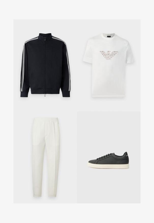 Giacca nera con zip realizzata in tessuto testurizzato, con strisce laterali bianche, un colletto alto e polsini a coste sulle maniche e sull'orlo.; Maglietta di cotone bianca con maniche corte e scollo tondo. Presenta un design del logo centrale in tonalità di rosa e marrone.; Pantaloni bianchi slim-fit con una fascia elastica in vita, caratterizzati da due tasche laterali e una texture liscia e leggermente lucida.; Sneaker in pelle nera con profilo basso, punta tondeggiante e chiusura stringata; presenta una suola in gomma testurizzata e dettaglio del logo sul tallone.
