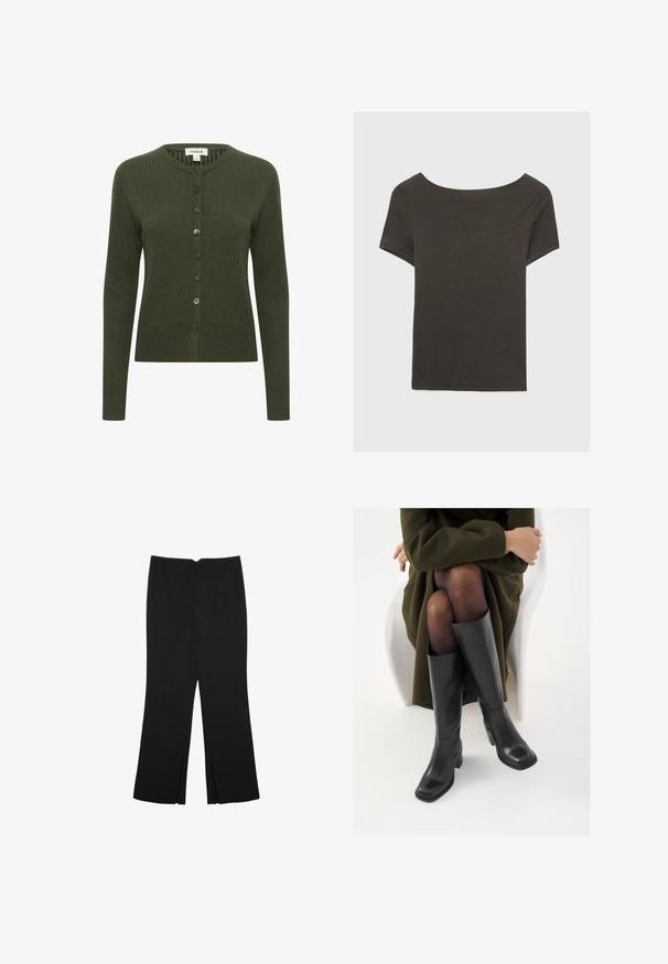 Oliwkowa, prążkowana kardigan z długimi rękawami, z przodu zapinany na guziki, o okrągłym dekolcie i strukturalnym materiale. Posiada pasujące guziki do zapięcia.; Czarna szara bluzka z krótkim rękawem i dekoltem w kształcie łódki. Wykonana z prążkowanej tkaniny, ma luźny krój i czyste wykończenie. Prosty design, bez wzorów.; Czarne spodnie o prostym kroju, z przednimi kieszeniami i bocznymi rozcięciami na dole. Wykonane z miękkiego, gładkiego materiału. Odpowiednie na różne okazje.; Kozaki skórzane do kolan w kolorze czarnym, z kwadratowym noskiem i słupkowym obcasem, pokazane na modelce siedzącej w oliwkowej zielonej kurtce. Gładka tekstura, minimalne detale.