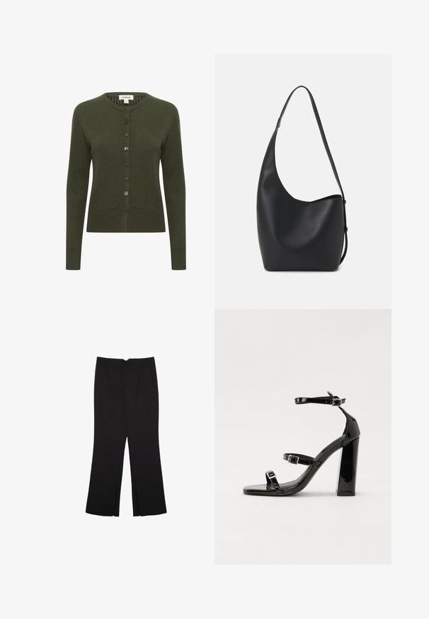 Cardigan a coste verde oliva con maniche lunghe, apertura con bottoni, scollatura rotonda e tessuto testurizzato. Presenta bottoni abbinati per la chiusura.; Set di due maglie a maniche lunghe, bianche e nere. Texture a coste, scollo tondo, design aderente con maniche leggermente svasate.; Pantaloni neri a gamba dritta, con tasche frontali e spacchi laterali all'orlo. Realizzati in tessuto morbido e liscio. Adatti a diverse occasioni.; Sandali con tacco in vernice nera, con punta squadrata, cinturini alla caviglia e fibbie in argento. Presentano un tacco a blocco spesso per maggiore stabilità.; Borsa hobo nera in pelle con una superficie liscia, forma curvata e una singola tracolla regolabile; presenta un'ampia apertura nella parte superiore.