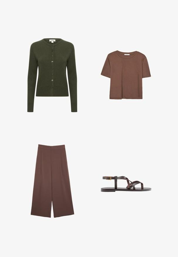 Olivovo zelený rebrovaný kardigán s dlhými rukávmi, predným zapínaním na gombíky, zaobleným výstrihom a textúrovanou tkaninou. Má zhodné gombíky na zapínanie.; Hnedé tričko s krátkym rukávom vyrobené z jemného materiálu, s okrúhlym výstrihom a voľným strihom. Žiadne viditeľné vzory ani akcenty.; Hnedé nohavice so širokými nohavicami a hladkou textúrou, s vysokým pásom a prednými skladmi. Tkanina je ľahká a voľne sa pohybuje.; Hnedé kožené sandály s krížovými popruhmi, uzatváraním na pracku okolo členku a plochou podrážkou s minimálnymi ševmi.