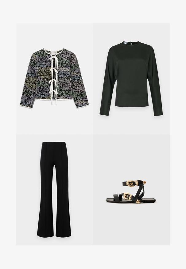 Sweter kardigan w kwiatowy wzór w zieleni, niebieskim i żółtym na czarnym tle, z białym zapięciem na sznurek i długimi rękawami.; Ciemnozielona bluzka z długim rękawem z gładkiego materiału. Posiada wysoki dekolt oraz zapięcie w kształcie łezki na plecach. Prosty krój z minimalnymi detalami.; Czarne rozszerzane spodnie z wysokim stanem, wykonane z elastycznego materiału. Posiadają pionowe szwy z przodu oraz gładką teksturę.; Czarne skórzane sandały z złotymi klamrami, z wieloma paskami i płaską podeszwą, idealne do noszenia na gołe palce.