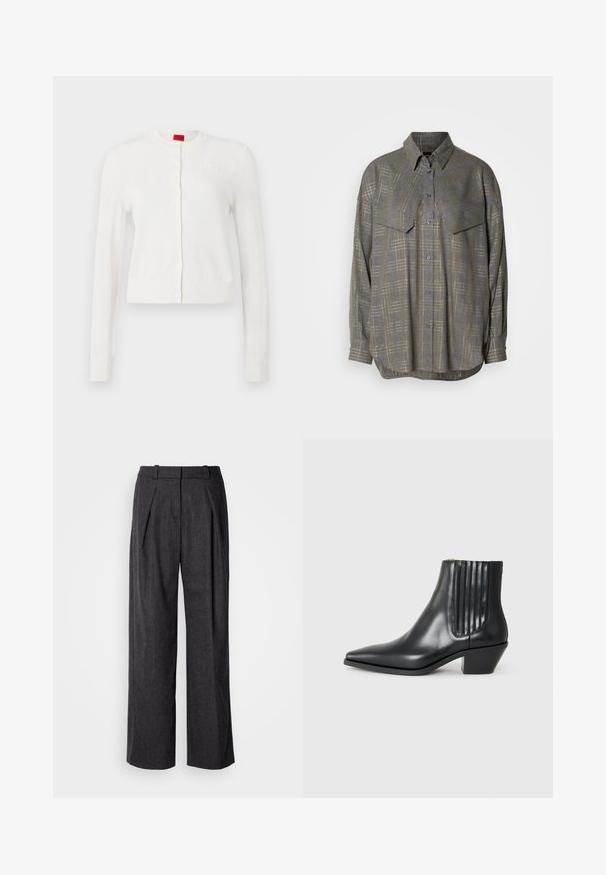 Biała kardigana z długimi rękawami, okrągłym dekoltem, guzikami z przodu i subtelnym logo. Miękka tekstura i skrócony fason.; Szara koszula z guzikami, wykonana z teksturowanej tkaniny, z kratkowym wzorem w jaśniejszych odcieniach, kołnierzykiem oraz dwoma kieszeniami na piersi.; Ciemnoszare spodnie z szerokimi nogawkami, wykonane z teksturowanej tkaniny, z przodu z plisami i klasycznym krojem pasa. Brak widocznych kieszeni.; Czarne skórzane botki za kostkę z wysmuklonym noskiem, elastycznymi bocznymi panelami z pionowymi rowkami oraz niskim blokowym obcasem. Gładka tekstura i elegancki design.