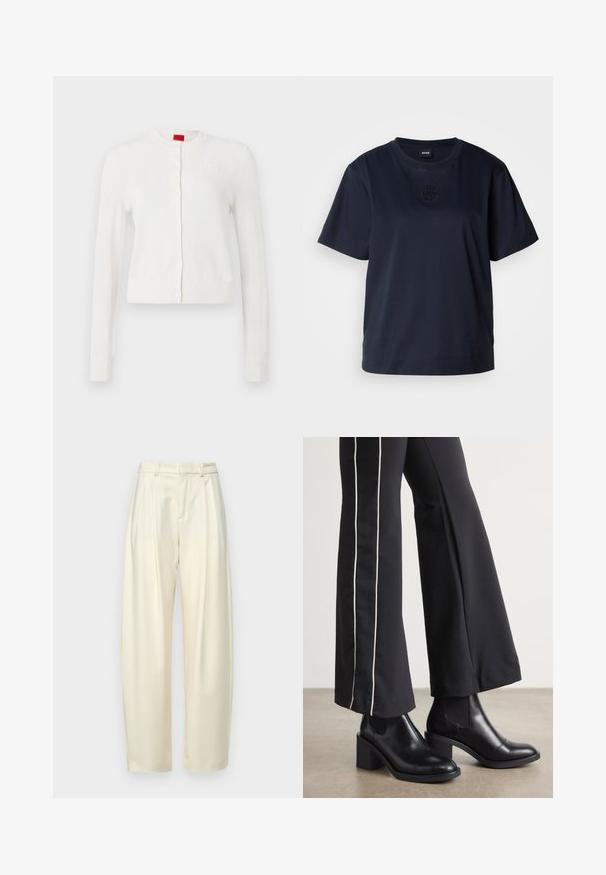 White cardigan with long sleeves, round neck, front buttons, and subtle logo detail. Soft texture and cropped design.; Navy blue short-sleeve t-shirt made of soft cotton. Features a rounded neckline and a subtle embroidered logo on the chest.; Pleated, high-waisted trousers in light cream fabric. Features a straight cut and a smooth texture. No pockets or visible hardware.; Black leather ankle boots with a block heel, featuring elastic side panels. Paired with black pants that have a white side stripe.