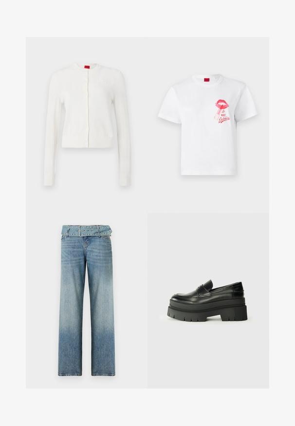 Hvit cardigan med lange ermer, rund hals, frontknapper og subtil logo detalj. Myk tekstur og kort design.; Hvit bomull t-skjorte med korte ermer, med et rosa leppeprint og et leppestiftgrafikk, samt teksten "La Nuit Devious."; Lys blå denimjeans med vid ben design, som har en matchende belted midje og en gradvis falming fra mørk til lys.; Svarte skinnloafers med en kraftig plattformsåle. Rund tå, fremre sømdetalj og subtile sømdetaljer. Flat, teksturert yttersåle.