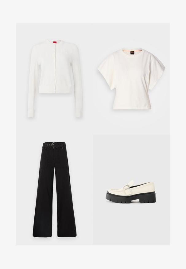 White cardigan with long sleeves, round neck, front buttons, and subtle logo detail. Soft texture and cropped design.; White cropped T-shirt, short wide sleeves, soft cotton material, round neckline with subtle orange trim, minimal design, no patterns or graphics.; Black wide-leg trousers made from cotton, featuring a high waist, large side pockets, and a belted waist with silver hardware accents.; White leather loafer with a chunky black platform sole, featuring a rectangular silver buckle and visible stitching detail on the upper.