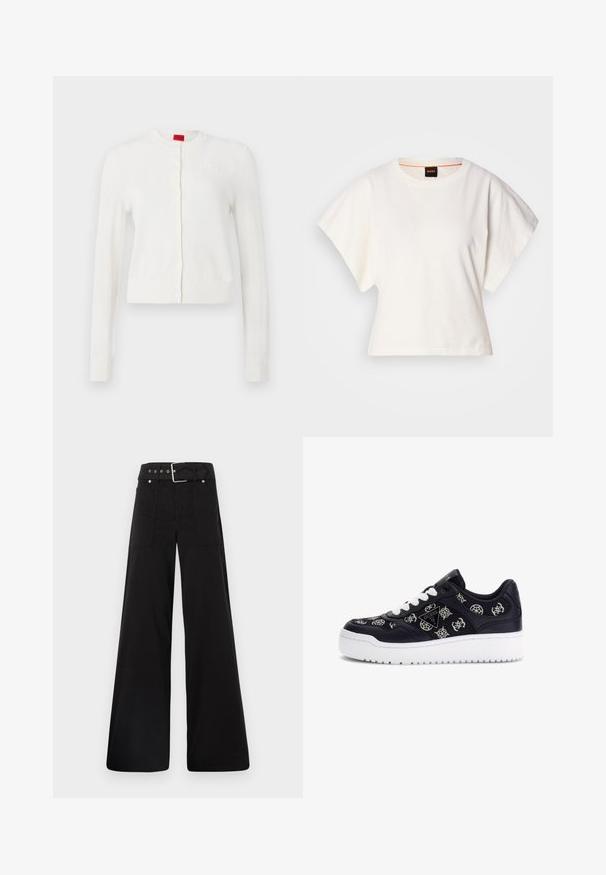 Valkoinen neulecardigan, jossa on pitkät hihat, pyöreä pääntie, edessä napit ja hienovarainen logoyksityiskohta. Pehmeä rakenne ja lyhyt malli.; Valkoinen lyhythihainen t-paita, leveät lyhyet hihat, pehmeää puuvillamateriaalia, pyöreä pääntie jossa hienovarainen oranssi reunus, minimaalinen muotoilu, ei kuvioita tai graafisia elementtejä.; Mustat leveälahkeiset housut, jotka on valmistettu puuvillasta. Ne ovat korkeavyötäröiset, suuriin sivutaskuihin ja vyön kanssa varustettu, jossa on hopeanväriset yksityiskohdat.; Kengät, joissa on tummansininen nahkapäällinen, valkoinen kumipohja, kirjailtu logo-kuvio ja valkoiset nauhat. Ominaisuuksiin kuuluu pehmustettu nilkkaosa mukavuutta varten.