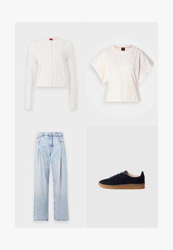 Valge kardigan pikade varrukatega, ümmarguse kaelusega, esipaneeli nööbid ja peene logo detailiga. Pehme tekstuur ja lühendatud disain.; Valge lühikeste laiadte varrukatega lühike T-särk, pehme puuvillane materjal, ümar kaelus kergelt oranži ääristusega, minimaalne disain, ilma mustrite ja graafikateta.; Heledad sinise denimist valmistatud teksapüksid kõrge vöökohaga, laia jala lõikega, kahe külje taskuga ja pleedi disainiga. Pehme tekstuur ja pleekinud viimistlus.; Tumesinised seemisnahast spordijalatsid kummist tallaga, siniste paeltega ja minimalistliku disainiga. Küljel on reljeefne logo ja sees on sile vooder.