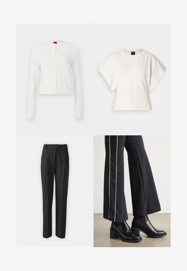 Witte cardigan met lange mouwen, ronde hals, knopen aan de voorkant en subtiele logo-detail. Zachte textuur en cropped ontwerp.; Witte gecropte T-shirt, korte brede mouwen, zachte katoenmaterialen, ronde halslijn met subtiele oranje rand, minimalistisch ontwerp, geen patronen of graphics.; Zwarte op maat gemaakte broek gemaakt van lichtgewicht stof, met een rechte snit, platte voorkant en riemlussen. Glad textuur zonder zichtbare patronen.; Zwarte leren enkellaarzen met een blokhak, voorzien van elastische zijpanelen. Gecombineerd met zwarte broeken met een witte zijstreep.