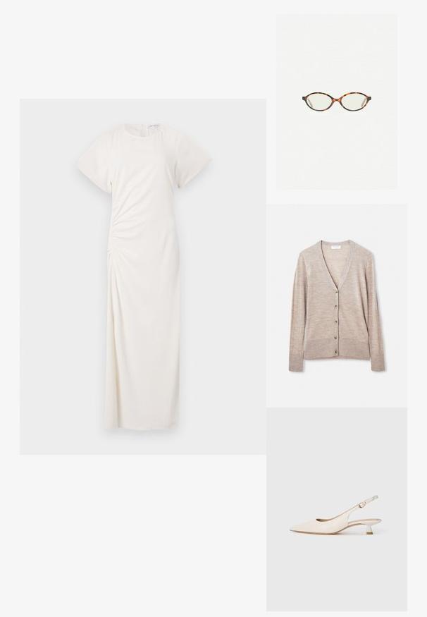 Cardigan beige en tricot léger, avec un décolleté en V, des manches longues et six boutons sur le devant.; Robe blanche à manches courtes, décolleté rond et détails de ruching sur les côtés ; tissu lisse avec une silhouette longue jusqu'au sol.; Chaussure slingback pointue de couleur crème avec petit talon et boucle dorée sur fond blanc uni.; Lunettes en écaille de tortue avec des verres ovales et une finition lisse et élégante. Présente des branches fines avec une courbure subtile au niveau des tempes. Verres transparents.
