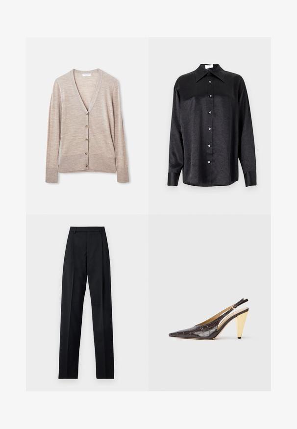 Beige cardigan made of lightweight knit fabric, featuring a V-neckline, long sleeves, and six button closures down the front.; Black long-sleeve shirt with a collared neckline, featuring a crinkled texture, full button front, and cuffs. Made from a smooth fabric.; Black trousers made from smooth fabric featuring a high waist, wide legs, front pleats, and classic belt loops. No side pockets visible.; Pointed-toe slingback heel in dark brown glossy faux crocodile leather. Features a gold-tone geometric heel and adjustable ankle strap.