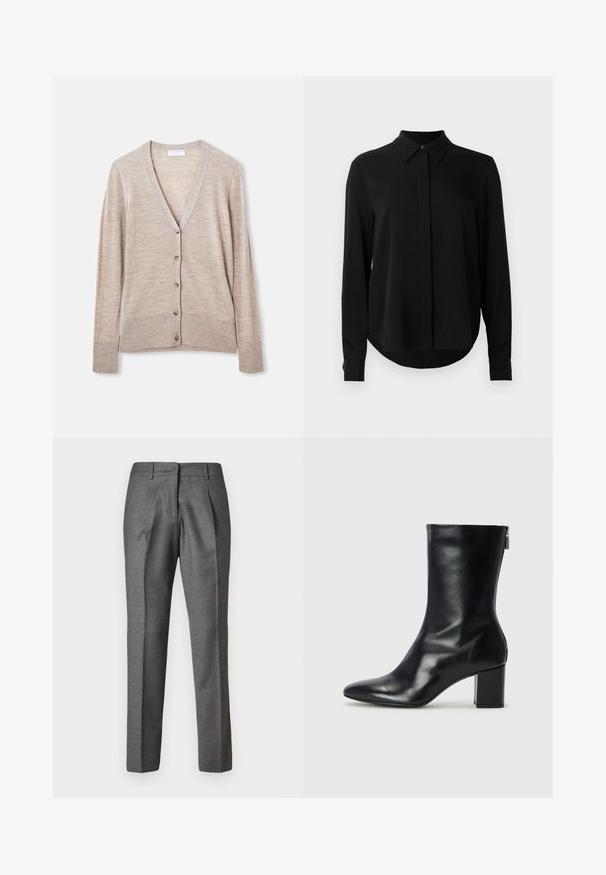 Šviesiai rudas kardiganas, pagamintas iš lengvo megztinio audinio, su V formos iškirpte, ilgomis rankovėmis ir šešiais sagų uždarymais priekyje.; Juoda ilgomis rankovėmis blusa su smailiu apykakle, paslėptu mygtukų užsegimu ir kreivu hemu ant vientiso balto fono.; Pilkos pritaikytos kelnės su lygiu paviršiumi, dviem priekinėmis klostėmis ir liekna siluetu. Turi standartinį juosmens diržą ir tiesios kirpimo kojas.; Juodų odinių kulkšninių botų su smailiu nosiu ir 4 cm pločio bloku. Išskirtinis dizainas pasižymi šoniniu užtrauktuku, leidžiančiu lengvai apsiauti. Lygi tekstūra.