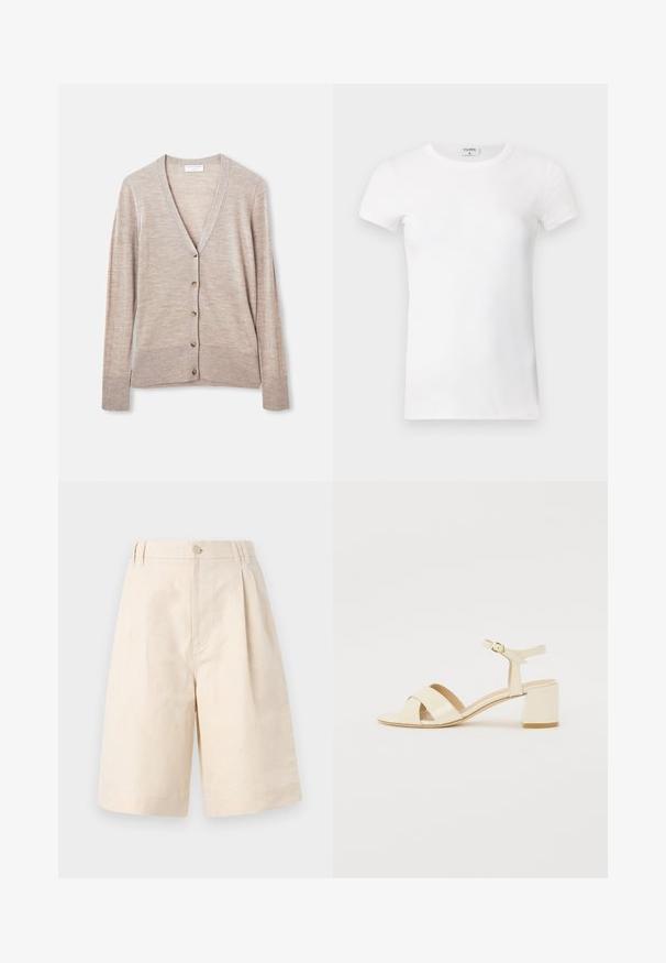 Cardigan beige en tricot léger, avec un décolleté en V, des manches longues et six boutons sur le devant.; T-shirt à manches courtes blanc côtelé avec un col rond. Le tissu semble lisse avec une silhouette ajustée. Étiquette de marque visible au niveau du col.; Shorts en lin beige avec une coupe décontractée, présentant une fermeture à bouton, un design plissé et une longueur à mi-genou. Texture lisse et style simple.; Sandales à talons en cuir verni beige avec un design à brides croisées, bout ouvert, bride de cheville réglable et un talon carré. Texture lisse.