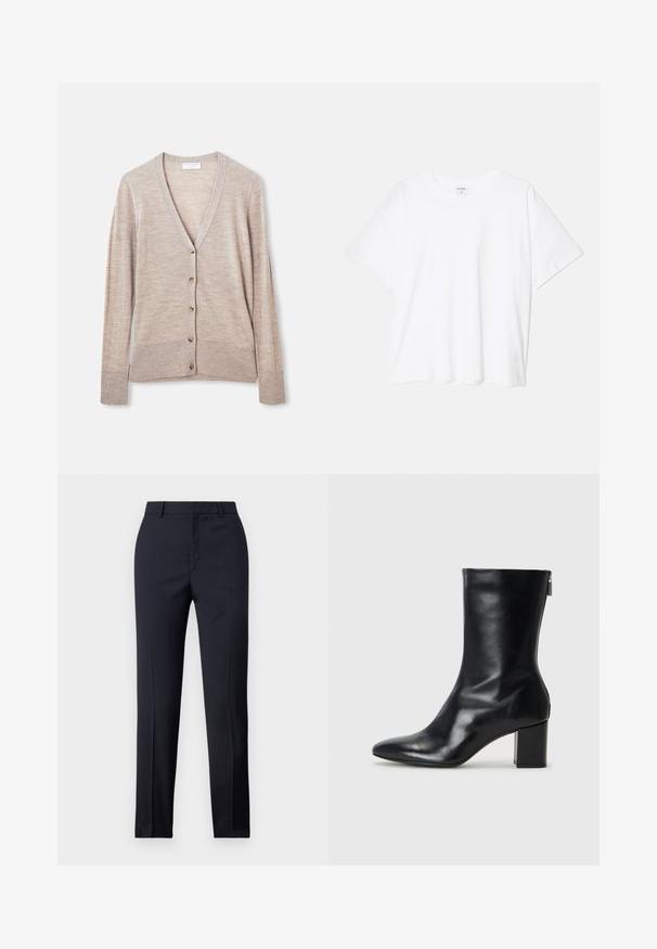 Beige kardigán, könnyű kötött anyagból, V-nyakkivágással, hosszú ujjakkal és hat gombbal az elején.; Fehér pamut póló rövid ujjal, kerek nyakkivágással, laza fazonnal és varrott szegéllyel. Címke látható a belső nyakrészén.; Tengerészkék, egyenes szabású, szabott nadrág sima textúrával, két elülső zsebbel és letisztult derékkal.; Fekete bőr bokacipő hegyes orral és 4 cm-es blokkfallal. Simán díszített designja oldalra nyíló cipzárral rendelkezik, ami megkönnyíti a felvételt. Simább textúrával.