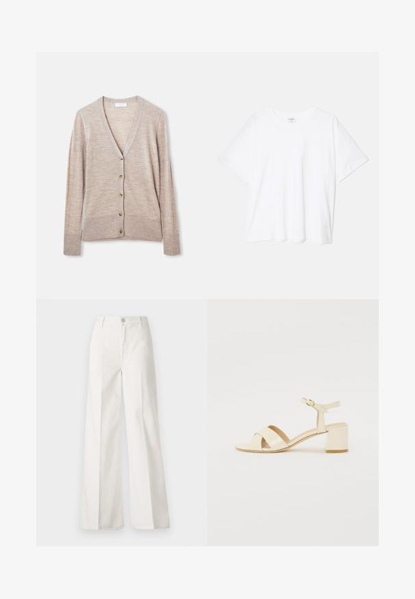 Cardigan beige realizzato in un leggero tessuto a maglia, con scollatura a V, maniche lunghe e sei bottoni frontali.; T-shirt bianco in cotone con maniche corte, scollo rotondo, vestibilità comoda e orlo cucito. Etichetta visibile all'interno del colletto.; Pantaloni bianchi a gamba larga realizzati in cotone con una texture liscia. Presentano un bottone anteriore, una zip e un design a quattro tasche.; Sandali con tacco in pelle verniciata beige, design con cinturino incrociato, punta aperta, cinturino alla caviglia regolabile e tacco a blocco. Texture liscia.