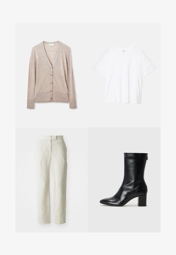 Bež kardigan iz lahkega pletenega materiala, z V-izrezom, dolgimi rokavi in šestimi gumbi na sprednji strani.; Bela bombažna majica s kratkimi rokavi, okroglim izrezom, sproščenim krojem in šivanim robom. Oznaka vidna na notranji strani izreza.; Beli laneni hlače s prilagojenim krojem, ki imajo ravno sprednjo stran in ravne noge. Gladka tekstura z rahlimi gubami.; Črne usnjene gležnjarje s koničastim nosom in 4 cm širokim peto. Elegantna zasnova vsebuje stranski zadrgo za enostavno obuvanje. Gladka tekstura.