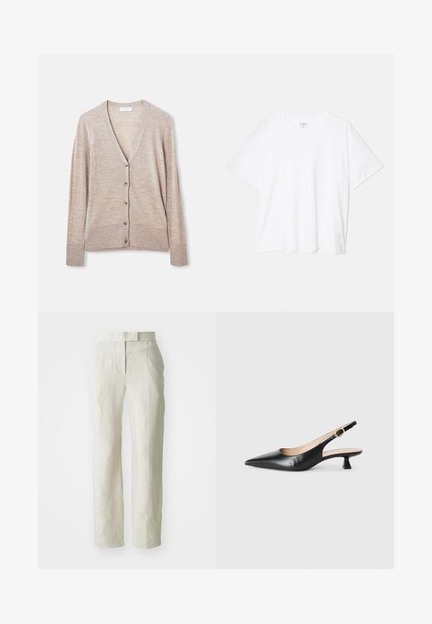 Bež kardigan izrađen od lagane pletene tkanine, s V-izrezom, dugim rukavima i šest dugmadi sprijeda.; Bijela pamučna majica s kratkim rukavima, okruglim izrezom, opuštenim krojem i šivenim rubom. Etiketa je vidljiva na unutarnjoj strani vrata.; Bijele lanene hlače s krojem koji pristaje, s ravnim prednjim dijelom i ravnim nogavicama. Glatka tekstura s blagim naborima.; Crne kožne slingback cipele s potpeticom u obliku mačke, s šiljastim vrhom i zlatnom kopčom na bočnom remenu, na bijeloj pozadini.