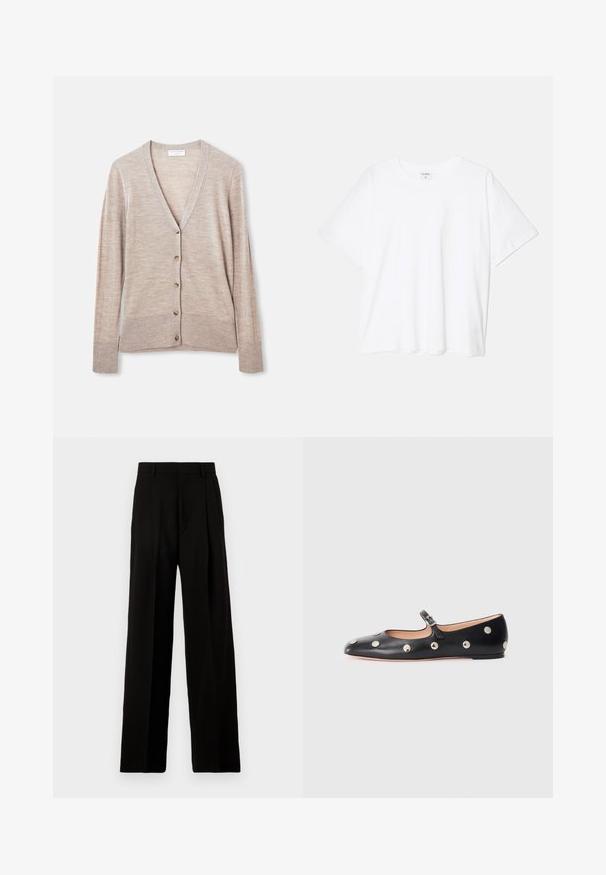 Beiger Cardigan aus leichtem Strickstoff, mit V-Ausschnitt, langen Ärmeln und sechs Knöpfen entlang der Vorderseite.; Weißes Baumwoll-T-Shirt mit kurzen Ärmeln, runder Halslinie, lockerer Passform und genähtem Saum. Etikett sichtbar am inneren Kragen.; Schwarze, weit geschnittene Hosen aus glattem Stoff, mit hoher Taille, Vorderfalten und einem sauberen, maßgeschneiderten Design ohne Verzierungen.; Schwarze Leder-Mary-Jane-Ballenflats mit runder Zehenform, ausgestattet mit silbernen runden Nieten und einem verstellbaren Riemen mit Schnalle.