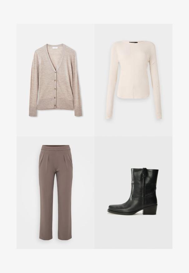 Bežs kardigans, kas izgatavots no viegla adījuma materiāla, ar V veida kakla izgriezumu, garām piedurknēm un sešiem pogu aizdariem priekšpusē.; Ilgi piedurkņu, gaiši bēšas krāsas blūze ar apaļu dekoltē. Izgatavota no mīksta auduma, ar centrālo šuvi un nedaudz izliekta apakšmala. Nav redzamu papildus elementu.; Taurī šūšanas brīvās formas bikses ar elastīgu jostasvietu un priekšējiem krokām, izgatavotas no gludas auduma.; Melna ādas potīte ar noapaļotu purngalu, bloku papēdi, sānu rāvējslēdzēju un šuvju akcentiem uz virsmas. Gluda tekstūra, klasiskā dizaina.