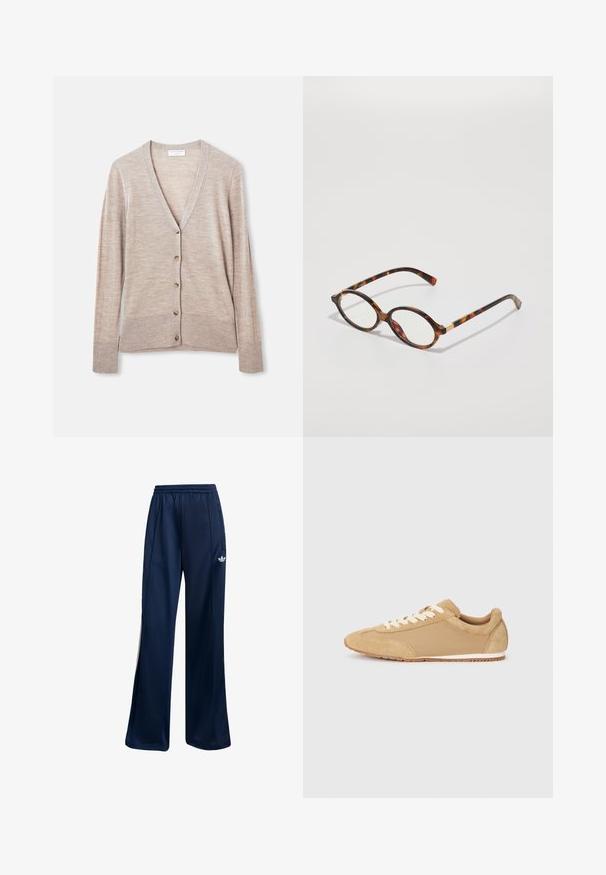 Beige cardigan gemaakt van lichtgewicht gebreide stof, met een V-halslijn, lange mouwen en zes knopen aan de voorkant.; Effen witte T-shirt met korte mouwen en een ronde hals, met een slim fit, vlak weergegeven tegen een witte achtergrond.; Marineblauwe sportbroeken van gladde stof, met een elastische tailleband en witte logodetails op de linkerheup. Recht model.; Lichtbruine sneaker van suède en stof, met een ronde neus, witte veters en een rubberen zool met een gestructureerde afwerking.; schildpadbril met ovale monturen, heldere lenzen en gouden accenten. Bevat gebogen pootjes en een gladde, glanzende afwerking.; Geweven beige leren tas met een enkele schouderband, met een rechthoekige vorm en een gestructureerd oppervlak. Verstelbaar bandbeslag inbegrepen.