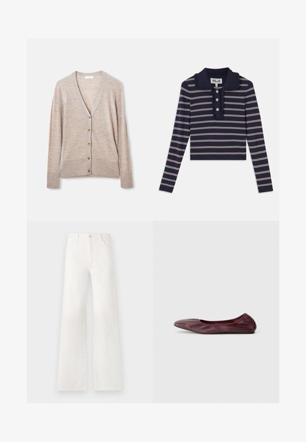Beige kardigan, mis on valmistatud kergest kudumiskangast, millel on V-kaelus, pikad varrukad ja kuus nööpide kinnitust ees.; Tumedast pikkade varrukatega särk roosa horisontaalsete triipudega, volangkaelus ja ees kolmes nupuga lukuga; valmistatud pehmest ja venivast materjalist.; Valged, kõrge vöökohaga laiad teksad, mis on valmistatud denimist. Omab nupuga sulgemist, kahte esimest taskut ja külgede õmbluste detailseid õmblusi.; Sügisene burgundi puhkepaar nahast ballett, millel on ümar nina, elastne serv ja sile tekstuur koos peene plekkimise detailiga.
