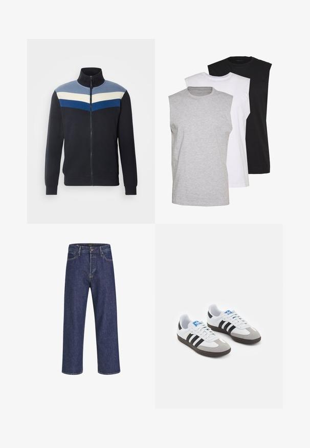 Sweat-shirt zippé marine avec col montant, présentant des rayures horizontales en bleu clair, crème et bleu foncé sur la poitrine.; Trois t-shirts sans manches en gris, blanc et noir. Tissu en coton doux avec un col rond et une coupe décontractée. Design simple, sans motifs.; Jean en denim bleu foncé avec une coupe droite, un design à cinq poches, une fermeture à bouton en métal et des surpiqûres contrastantes, présentant une texture subtile.; Baskets avec une tige en cuir blanc, un bout en daim gris et trois bandes noires. Présente un logo bleu sur la languette et une semelle en caoutchouc texturée.