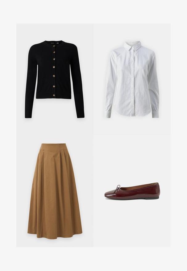 Musta pitkähihainen neuletakki, jossa on pyöreä pääntie ja kahdeksan ruskeaa nappia edessä, ribbireunat hihoissa ja helmassa.; Valkoinen napitettava paita, joka on valmistettu sileästä puuvillasta. Paidassa on klassinen kaulus, pitkät hihat ja kaareva helma. Nappien koko on pieni ja ne ovat valkoiset.; Ruskea puuvillainen A-linjainen hame korkealla vyötäröllä, jossa on laskokset edessä ja sileä pinta. Helma on viimeistelty siististi ja yksinkertaisesti.; Burgundin värinen lakattu nahkainen ballerinatossu pyöreällä varvaskärjellä, pienen nauhan yksityiskohdalla edessä ja matalalla mustalla kumipohjalla. Sujuva pinta.