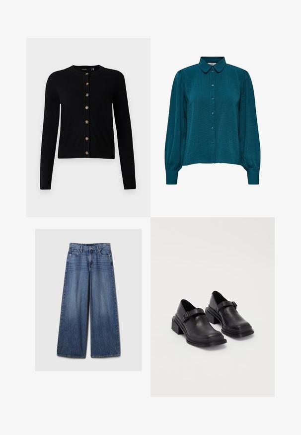 Črni dolgi rokav kardigan s okroglim ovratnikom in osmimi rjavimi gumbi spredaj, rebrastimi manšetami in robom.; Turkizna bluzica z ovratnikom, gumbi na sprednji strani in dolgimi rokavi. Narejena iz strukturirane tkanine s nabranimi manšetami.; Široke jeans hlače iz modrega denima z bledečim finišem, z gumbom in zadrgo, petimi žepi in zanko za pas.; Črne usnjene čevlje z zaobljenim nosom, ravnim podplatom in trakcem z zaponko. Debel blokasti petnik za dodatno stabilnost.