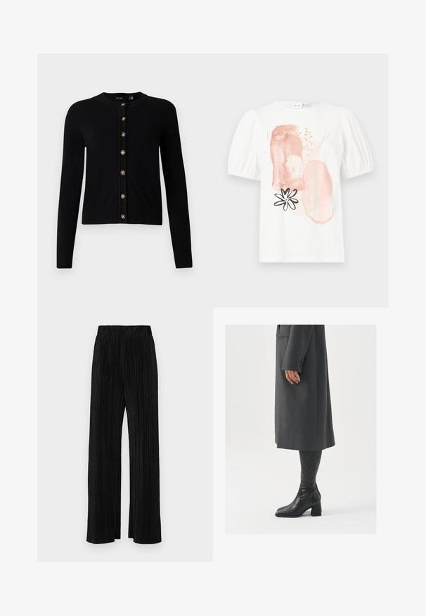 Svart langermet cardigan med rund hals og åtte brune knapper foran, ribbede mansjetter og nederkant.; Hvit topp med korte ermer og puffede skuldre, dekorert med abstrakte rosa og gullmønstre samt et svart blomstermotiv på forsiden.; Sorte plisserte bukser med elastisk midje. Har vide ben og et glatt, strukturert stoff med vertikale striper.; Grå, skreddersydd frakk med rett snitt; kombinert med knehøye svarte lærstøvler med firkantet tå og kraftig hæl.