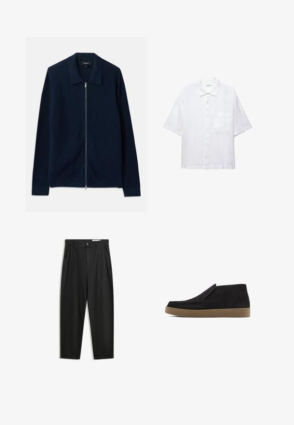 Marinblå zip-up cardigan i ribbat tyg, med en strukturerad krage och långa ärmar med stickade manschetter.; Vit kortärmad skjorta med knappslå framtill, krage och en bröstficka. Tillverkad av lätt tyg med en slät textur.; Svarta bomullsshorts med avslappnad passform, med en klassisk midja, framveck och sidfickor. Slät textur utan mönster.; Svart mockaskor med en slip-on-design, rund tå och en tan-gummisula. Har diskret sömnad och en texturerad ovansida.