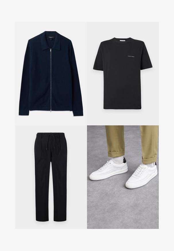 Marinblå zip-up cardigan i ribbat tyg, med en strukturerad krage och långa ärmar med stickade manschetter.; Svart bomull T-shirt med rund halsringning, korta ärmar och en liten vit "TIGER OF SWEDEN" logotyp på bröstet. Klassisk passform.; Svarta byxor i slät tyg, med dragsko i midjan, raka ben och framfållningar för en strukturerad look.; Vita sneakers med en texturerad läderfinish, rund tå och svart häldetalj. Gummisul med litet mönster och sydd detalj.