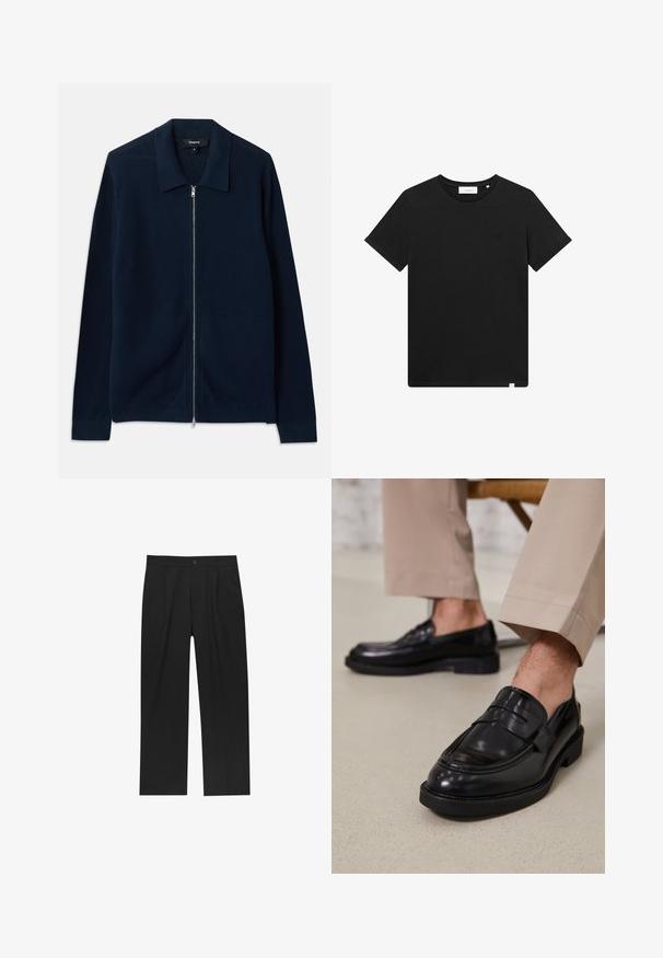 Tummansininen vetoketjullinen neuletakki, joka on valmistettu ribbikankaasta. Tässä neuleessa on jämäkkä kaulus ja pitkät hihat, joissa on neulostuubit.; Lyhythihaine musta T-paita, joka on valmistettu puuvillasta. Paidassa on pyöreä pääntie ja pieni brodeerattu logo rinnassa. Sujuva rakenne, normaali istuvuus.; Mustat housut suoranlahkeisella muotoilulla, valmistettu sileästä kankaasta. Ominaisuuksiin kuuluu etupleateet ja yksi nappikiinnitys vyötäröllä.; Musta nahkakengät, joissa on sileä pinta, koristetasku ja kontrastisomistus, yhdistettynä vaaleanbeigeihin housuihin.