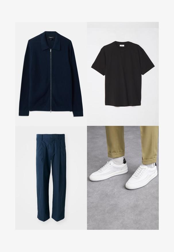 Granatowy kardigan na zamek, wykonany z prążkowanej tkaniny, z wyprofilowanym kołnierzem i długimi rękawami z dzianinowymi ściągaczami.; Czarna bawełniana koszulka z okrągłym dekoltem, krótkimi rękawami i luźnym krojem. Prosty fason, gładka tekstura, brak widocznych wzorów lub logo.; Granatowe spodnie wykonane z bawełny, o luźnym kroju, z zakładkami z przodu oraz płaskim paskiem z gumkami do paska.; Białe sneakersy z fakturowaną skórzaną wykończeniem, okrągłym noskiem i czarnym akcentem na pięcie. Gumowa podeszwa z małym wzorem bieżnika i przeszyciem.