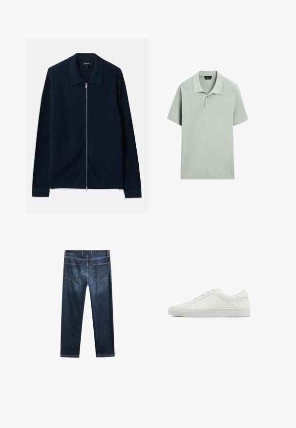 Navy modrá zipová kardigan vyrobená z žebrovaného materiálu, s strukturovaným límcem a dlouhými rukávy s pletenými manžetami.; Polo tričko ve světle zelené barvě, krátké rukávy, měkká texturovaná látka, límeček se třemi knoflíky, minimalistický design, žádné viditelné vzory.; Tmavě modré denimové džíny se střihem rovného nohavice, pěti kapsami a kontrastním stehem. Mají čistý pas a lem.; Bílé kožené tenisky s kulatou špičkou, plochou podešví a minimalistickým designem. Mají šest dírek na šněrování a decentní švový detail na boku.