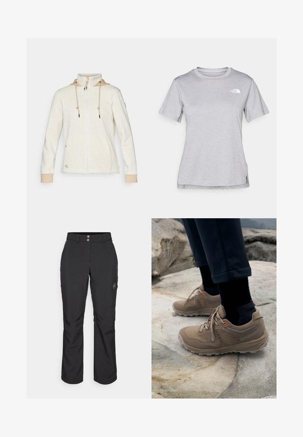 Svijetlosmeđa flisa jakna s herringbone uzorkom, potpuno zatvaranje, kapuljača s bež detaljima i vezicama. Ima bočne džepove i elastične manžete.; Siva kratka majica s kratkim rukavima izrađena od mekog, tkanog materijala koji upija vlagu. Ima okruglu izrez i mali bijeli logo na gornjem lijevom dijelu.; Crne vanjske hlače ravnog kroja, s kopčanjem na gumb, bočnim džepovima sa zipom i oznakom na lijevom bedru.; Bež planinarske cipele napravljene od antilopa i mrežice s sivim akcentima i živopisnim narančastim rupama za vezivanje. Gore-Tex logo vidljiv sa strane.