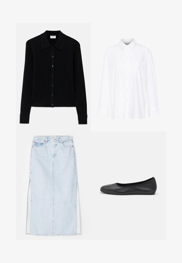 Čierny rebrovaný kardigán s dlhými rukávmi, špicatým golierom a predným zapínaním na gombíky s malými okrúhlymi gombíkmi. Textúrovaná látka pridáva hĺbku.; Biela košeľa s dlhým rukávom a golierom vyrobená z bavlny. Má zapínanie na gombíky vpredu a jednu náprsníku vrecko. Hladká textúra, voľný strih.; Svetlo modrá dlhá riflová sukňa so strihom na rovno, s bočnými rozparkami a dizajnom s piatimi vreckami. Výrazné prešívanie a kovový zips na zapínanie.; Čierne kožené baleríny s okrúhlou špičkou, hladkým povrchom, minimálnym prešívaním a flexibilným dizajnom podrážky.