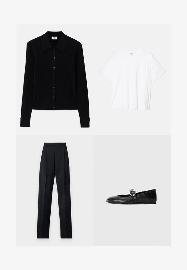 Must mustriga kardigan pikkade varrukatega, nurgelise kaelusega ja eesnupuga, kus on väikesed ümmargused nupud. Tekstuurne kangas lisab sügavust.; Valge puuvillane T-särk lühikeste varrukatega, ümmargune kaelus, mugav lõige ja õmmeldud serv. Silt nähtav kaela seest.; Mustad püksid siledast kangast, millel on kõrge vöökoht, laiad jalad, esimesed kortsud ja klassikalised vööloopid. Küljepockets pole nähtavad.; Mustadest nahast balleti kingad terava varbaga, millel on rihm ümmarguse metallist pandlaga ja lame tald.