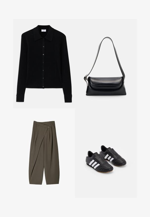 Černý žebrovaný kardigan s dlouhými rukávy, špičatým límcem a zapínáním na přední straně s malými kulatými knoflíky. Texturovaná tkanina dodává hloubku.; Jednoduché bílé tričko s krátkým rukávem a kulatým výstřihem, slim fit, vystavené rovně na bílém pozadí.; Široké kalhoty z tmavě olivově zelené látky, s plisovaným předním designem, knoflíkovým uzávěrem a lesklým, strukturovaným povrchem.; Černé fotbalové boty s texturovaným koženým svrškem, vybavené polstrovanou špičkou, třemi bílými pruhy po stranách a gumovou podrážkou.; Černá kožená kabelka se strukturovaným tvarem, hladkým povrchem a jedním ramenním popruhem. Obsahuje jemně zaoblený design klopy.