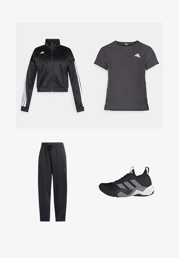 Crna skraćena jakna od glatkog materijala, s visokim ovratnikom, zatvaračem na patent i bijelim prugama sa strane na rukavima. Logo na lijevom ramenu.; Majica kratkih rukava za sport, tamno siva s perforiranim uzorkom. Ima bijeli logo i kontrastne bočne pruge. Zaobljeni izrez.; Crne trenirke od mekog materijala, s elastičnim pojasom i vezicom, ravnih nogavica i diskretnim logom na bedrima.; Crne sportske tenisice s prozračnom mrežastom gornjom stranom, sivim naglascima, teksturiranim đonom i tri prepoznatljive pruge sa strane.